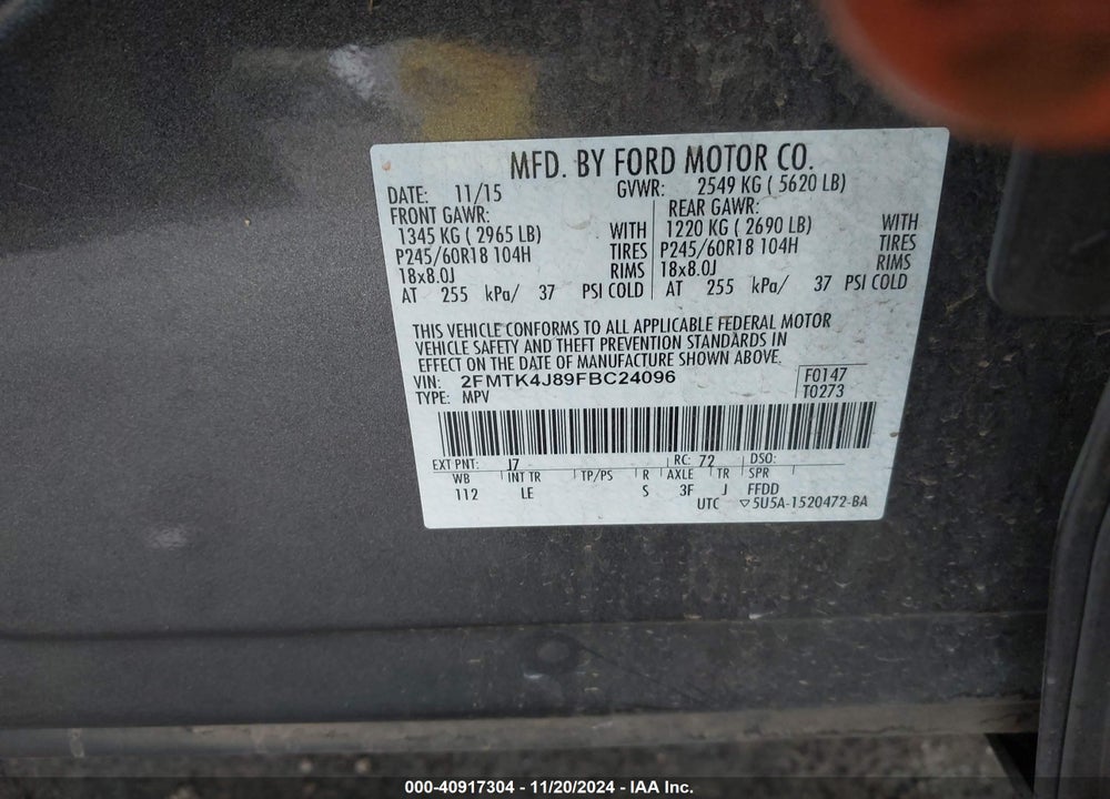 2015 FORD EDGE SEL VIN: 2FMTK4J89FBC24096