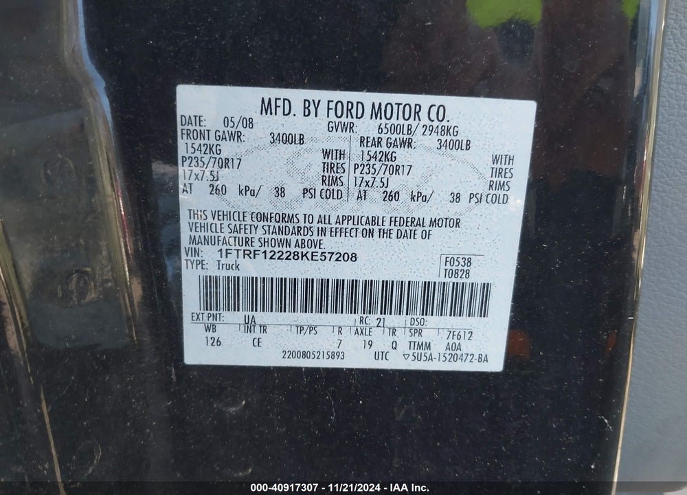 2008 FORD F-150 STX/XL/XLT VIN: 1FTRF12228KE57208