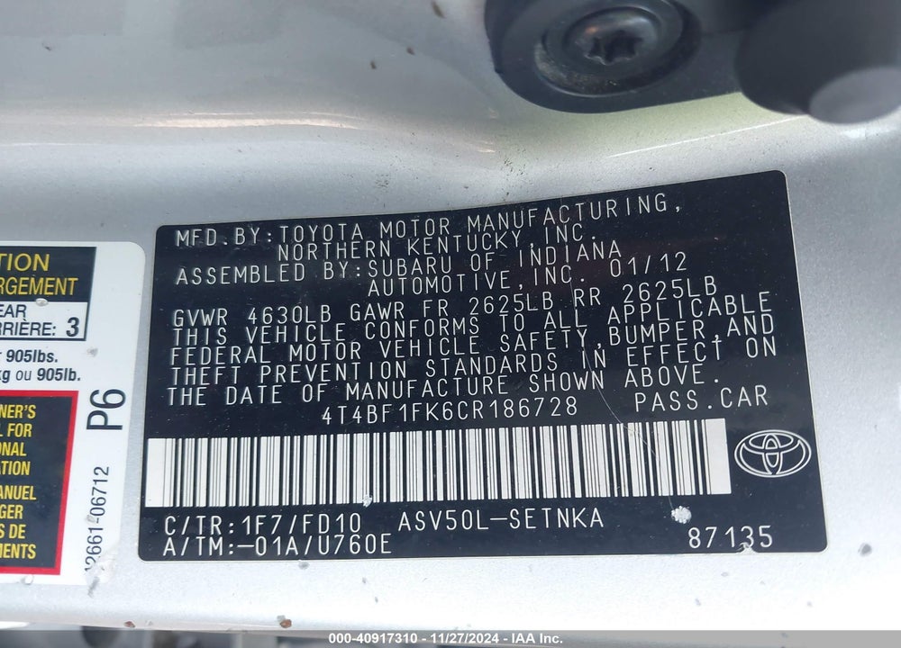 2012 TOYOTA CAMRY LE VIN: 4T4BF1FK6CR186728