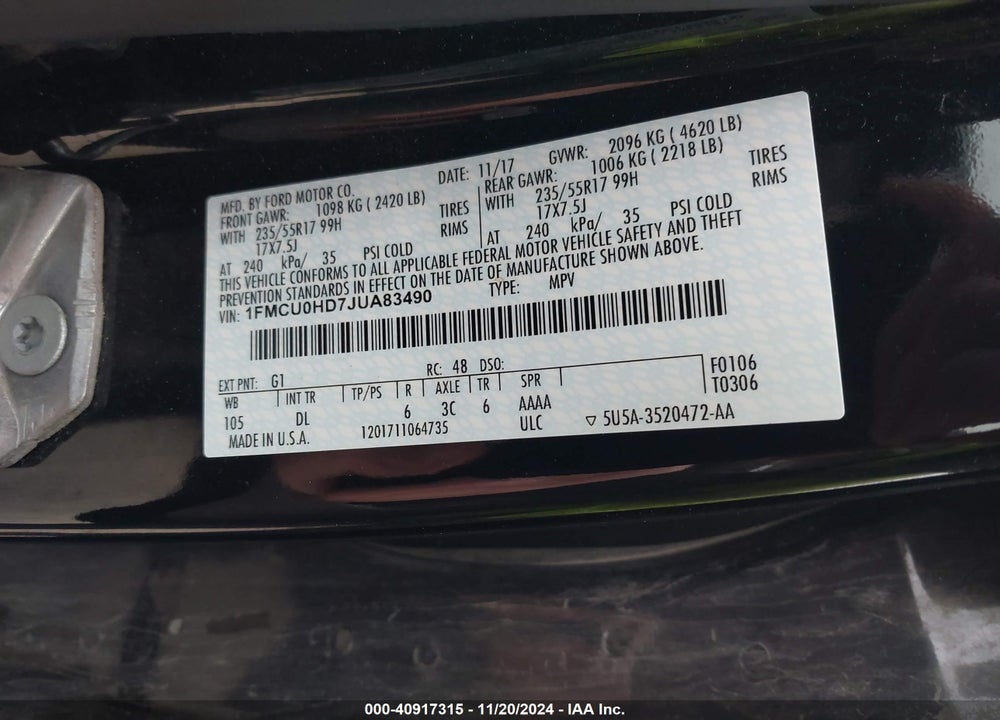 2018 FORD ESCAPE SEL VIN: 1FMCU0HD7JUA83490