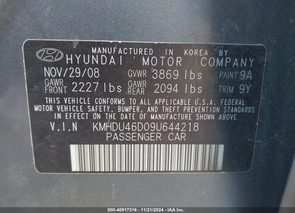 2009 HYUNDAI ELANTRA GLS VIN: KMHDU46D09U644218