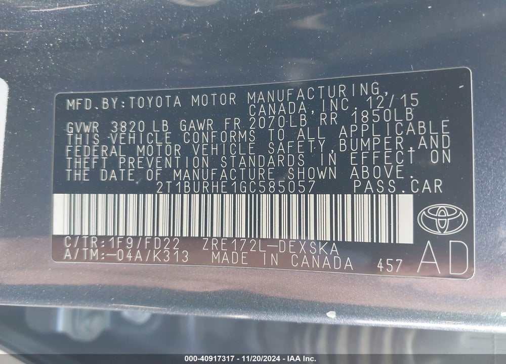 2016 TOYOTA COROLLA S PLUS VIN: 2T1BURHE1GC585057