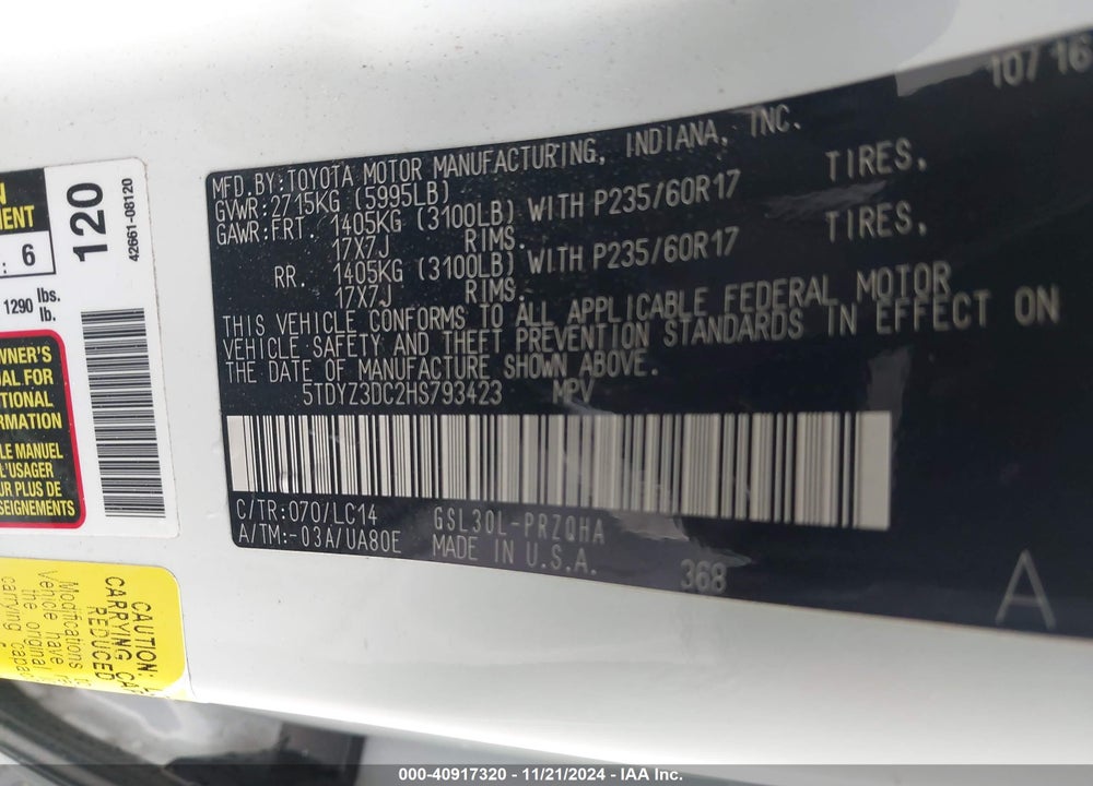 2017 TOYOTA SIENNA XLE LIMITED VIN: 5TDYZ3DC2HS793423