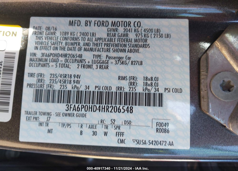 2017 FORD FUSION SE VIN: 3FA6P0HD4HR206548