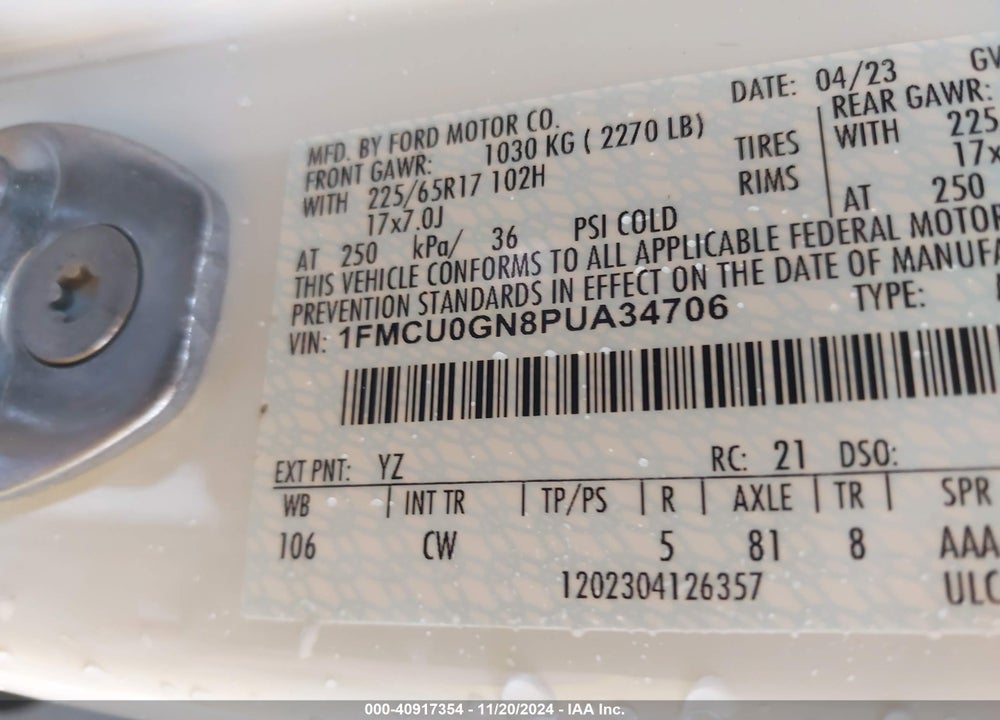 2023 FORD ESCAPE ACTIVE VIN: 1FMCU0GN8PUA34706