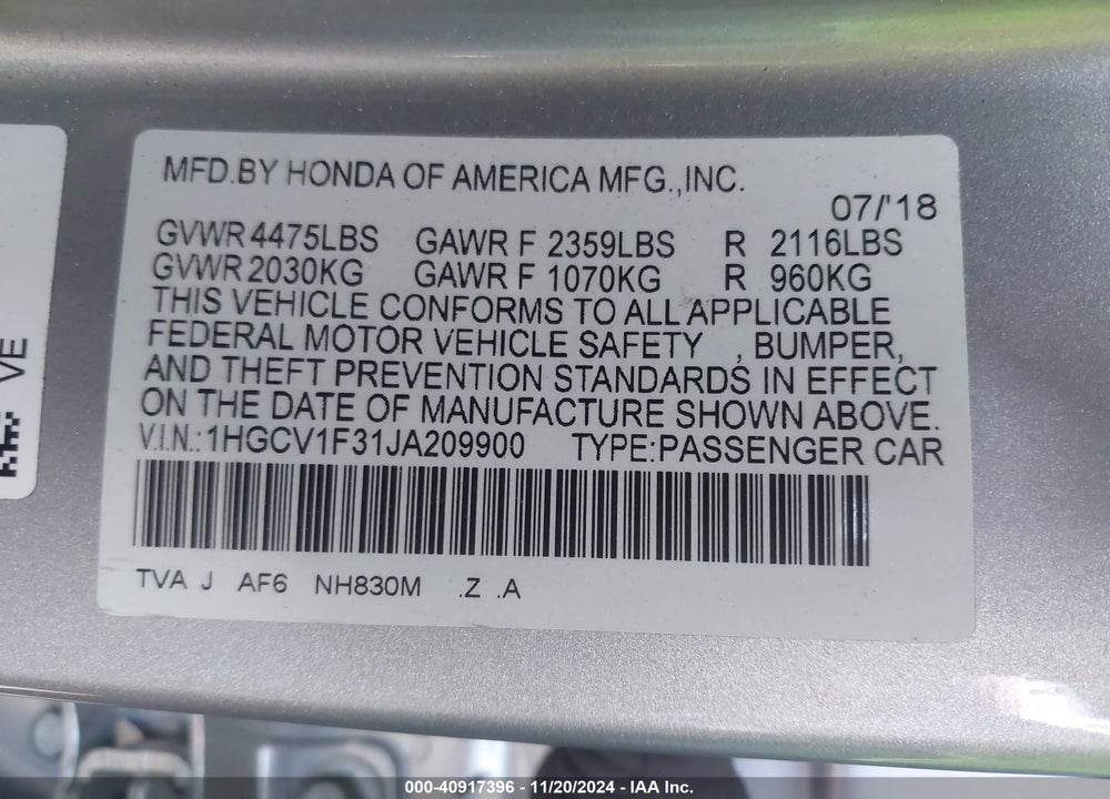 2018 HONDA ACCORD SPORT VIN: 1HGCV1F31JA209900