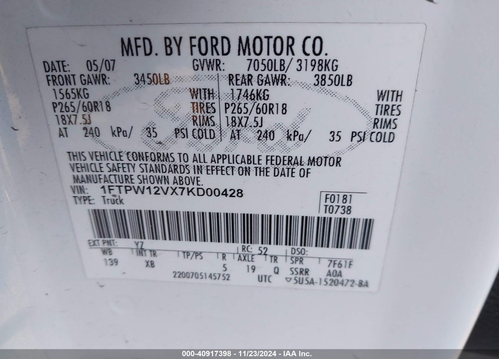 2007 FORD F-150 LARIAT/XLT VIN: 1FTPW12VX7KD00428