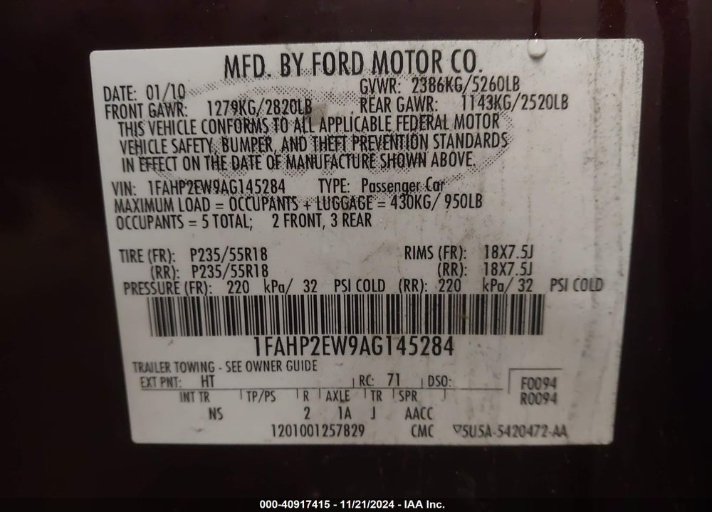 2010 FORD TAURUS SEL VIN: 1FAHP2EW9AG145284