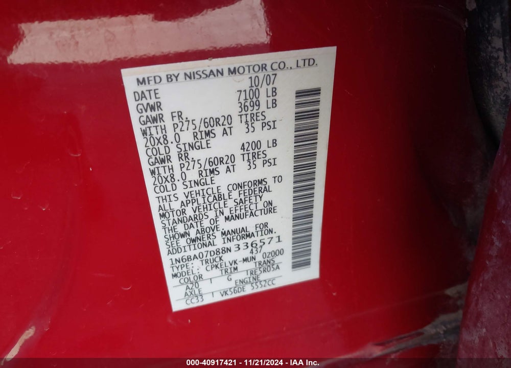 2008 NISSAN TITAN SE/XE VIN: 1N6BA07D88N336571