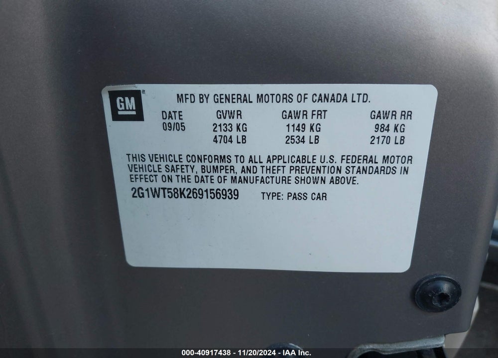 2006 CHEVROLET IMPALA LT VIN: 2G1WT58K269156939
