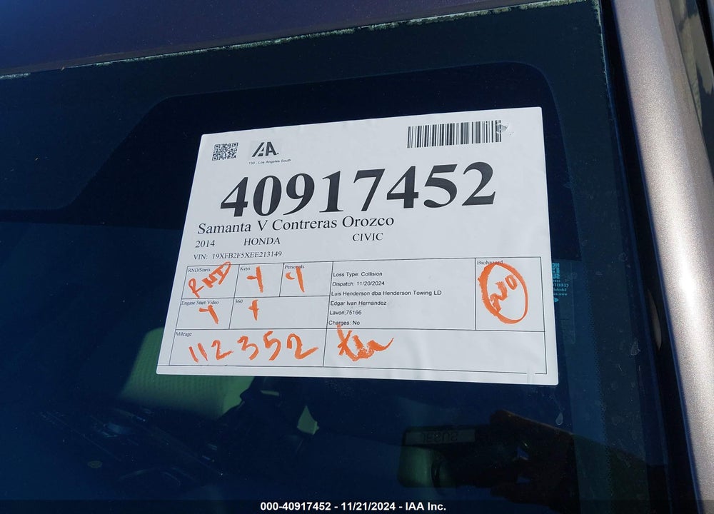 2014 HONDA CIVIC LX VIN: 19XFB2F5XEE213149