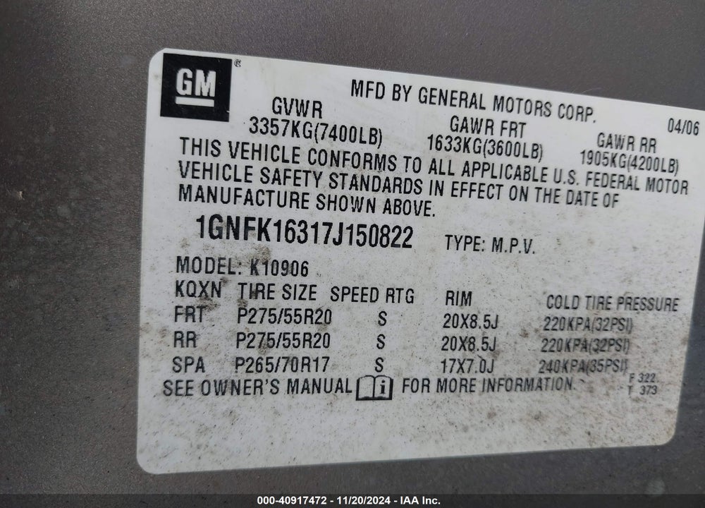 2007 CHEVROLET SUBURBAN 1500 LTZ VIN: 1GNFK16317J150822
