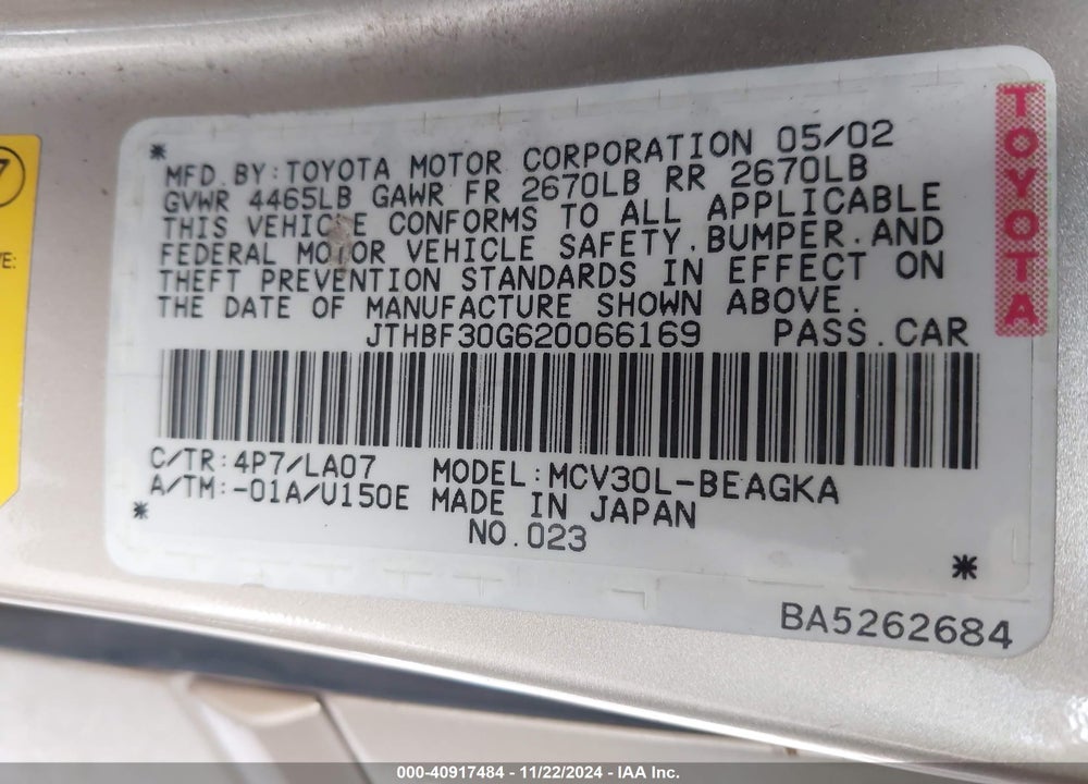 2002 LEXUS ES 300 VIN: JTHBF30G620066169