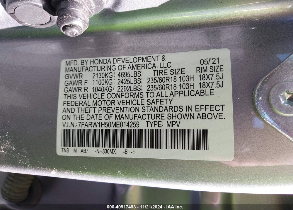 2021 HONDA CR-V 2WD EX VIN: 7FARW1H50ME014259