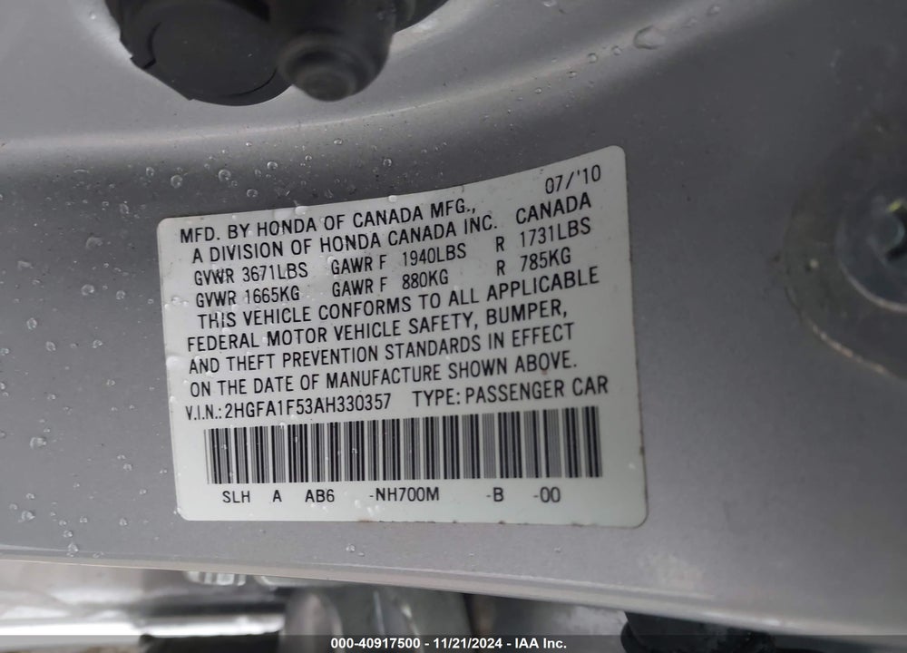 2010 HONDA CIVIC LX VIN: 2HGFA1F53AH330357