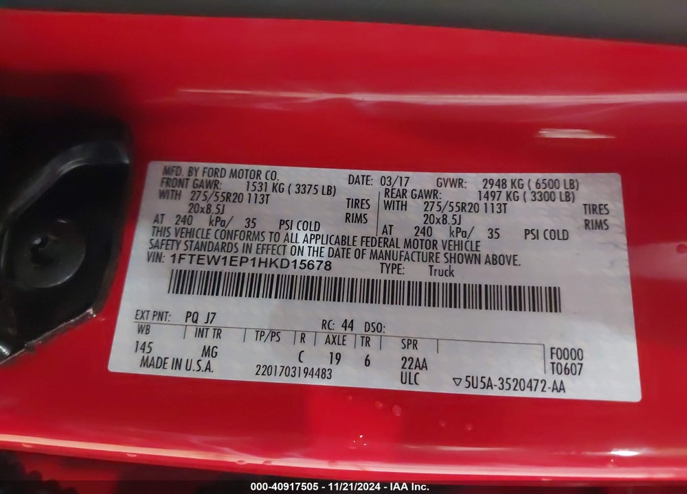 2017 FORD F-150 XLT VIN: 1FTEW1EP1HKD15678