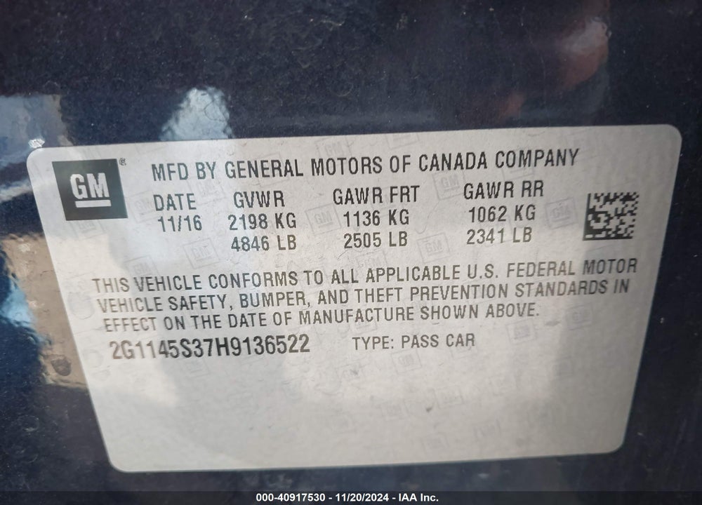 2017 CHEVROLET IMPALA 2LZ VIN: 2G1145S37H9136522