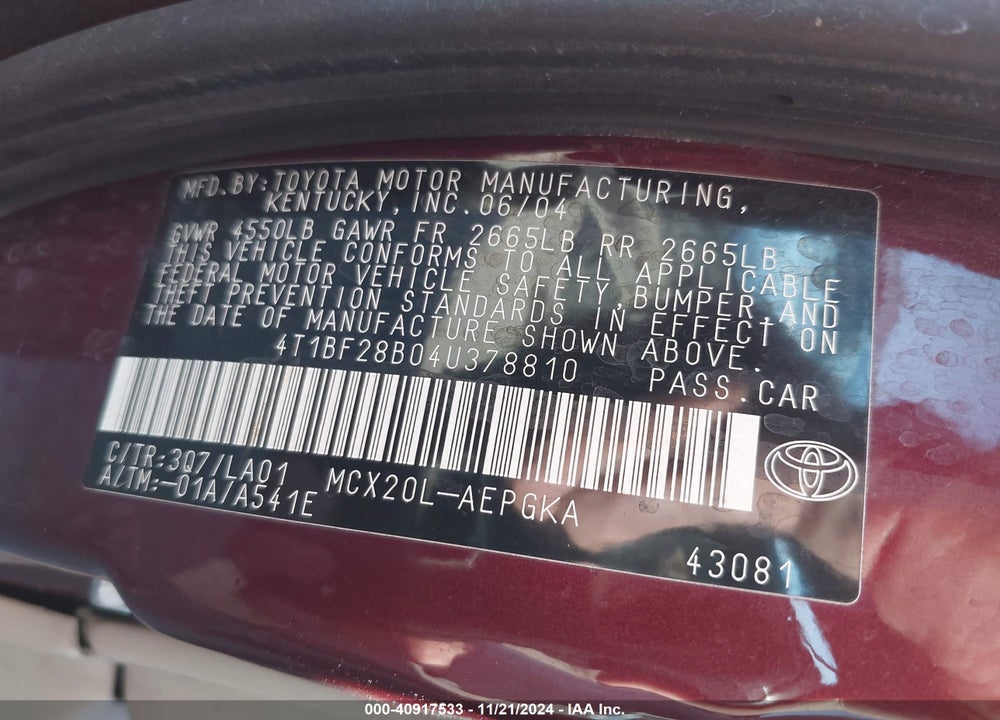 2004 TOYOTA AVALON XLS VIN: 4T1BF28B04U378810