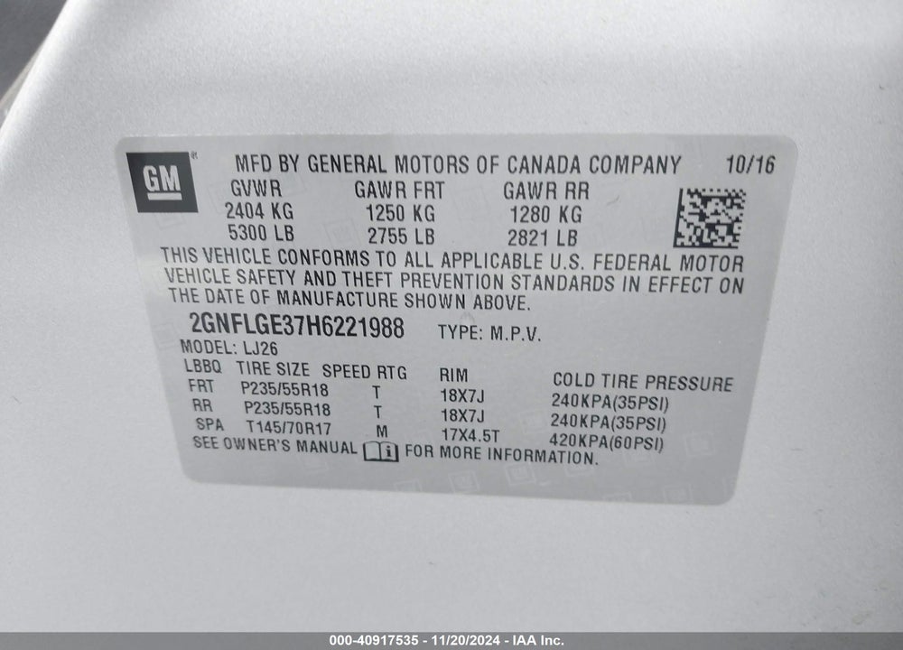 2017 CHEVROLET EQUINOX PREMIER VIN: 2GNFLGE37H6221988