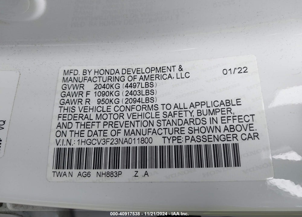 2022 HONDA ACCORD HYBRID SPORT VIN: 1HGCV3F23NA011800