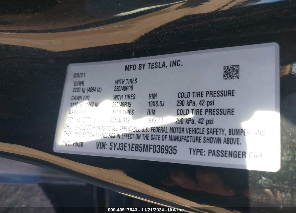 2021 TESLA MODEL 3 LONG RANGE DUAL MOTOR ALL-WHEEL DRIVE VIN: 5YJ3E1EB5MF036935