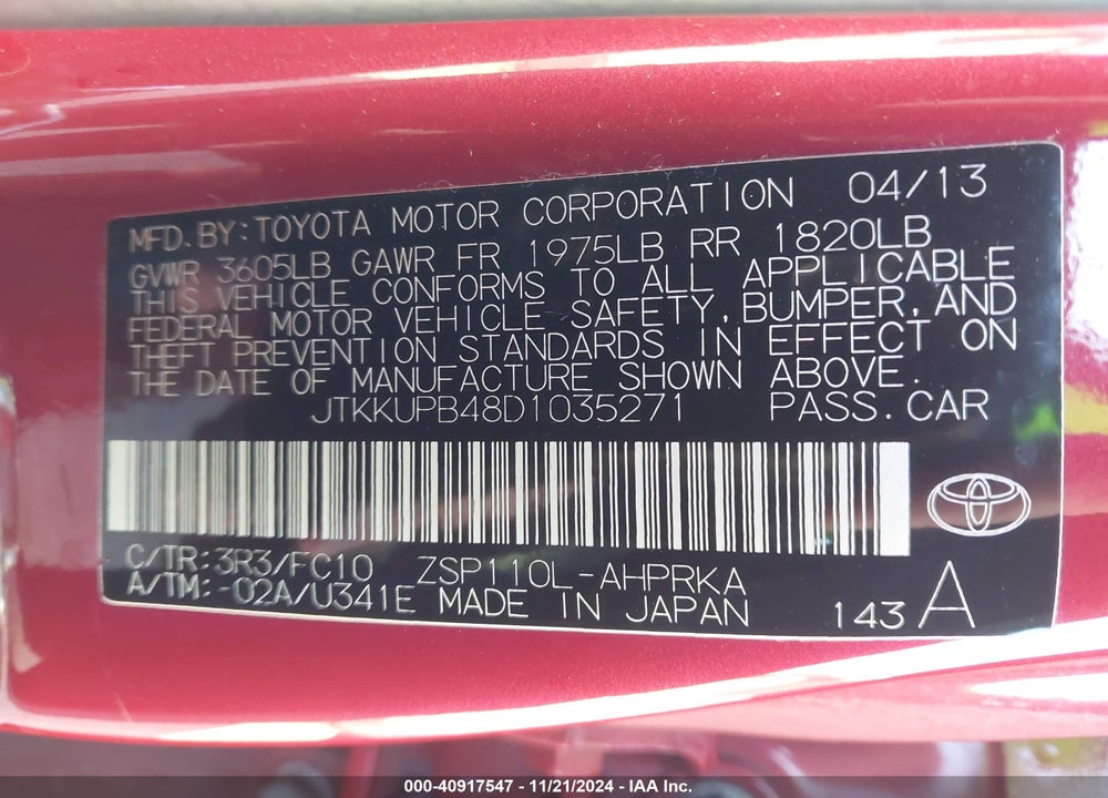 2013 TOYOTA SCION XD VIN: JTKKUPB48D1035271