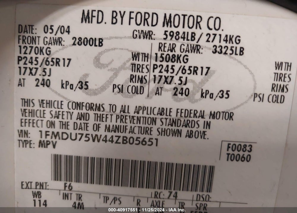 2004 FORD EXPLORER LIMITED VIN: 1FMDU75W44ZB05651