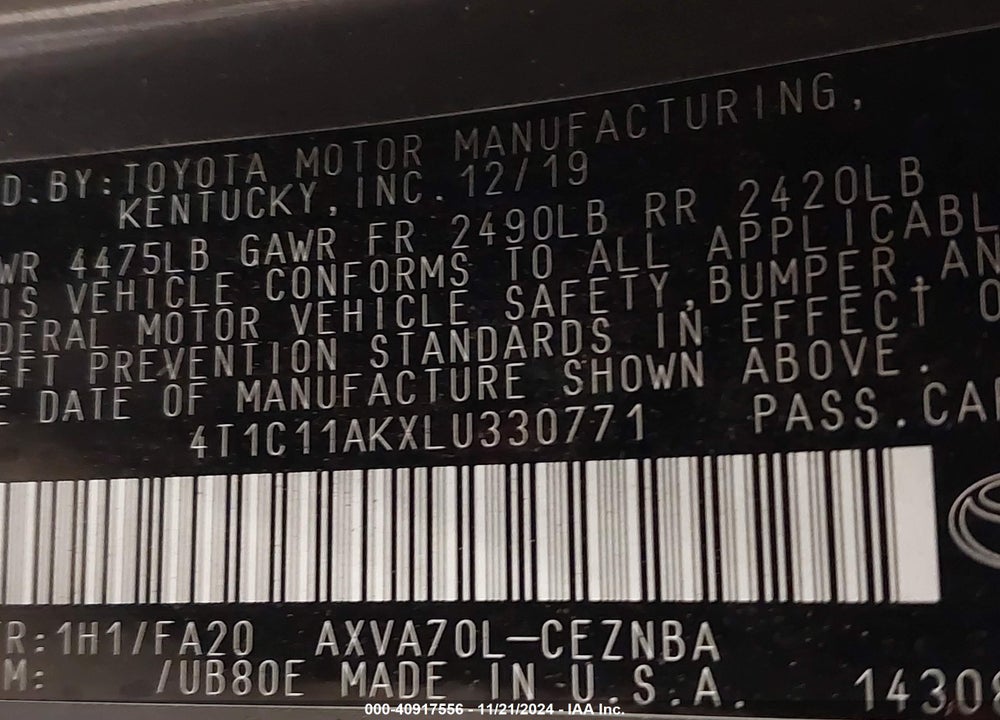 2020 TOYOTA CAMRY LE VIN: 4T1C11AKXLU330771