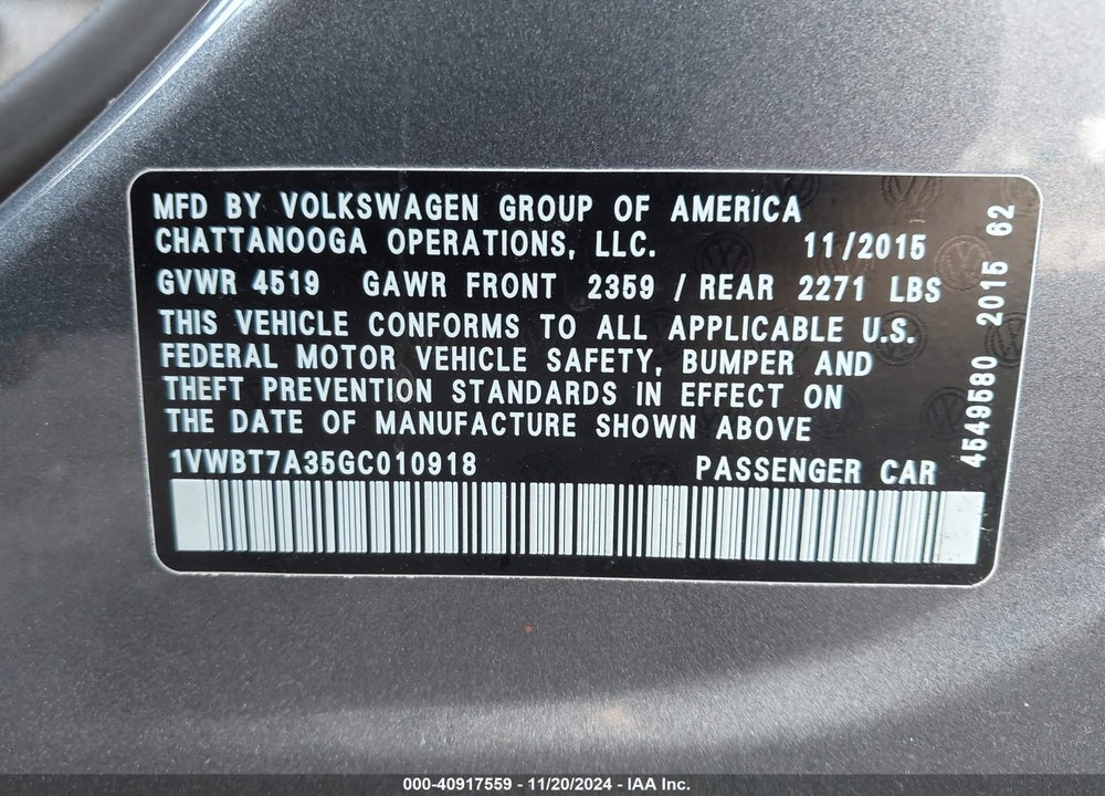 2016 VOLKSWAGEN PASSAT VIN: 1VWBT7A35GC010918