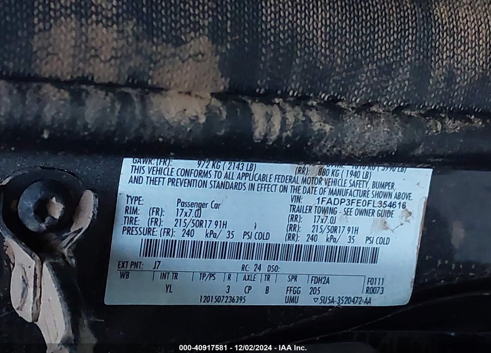 2015 FORD FOCUS SE VIN: 1FADP3FE0FL354616