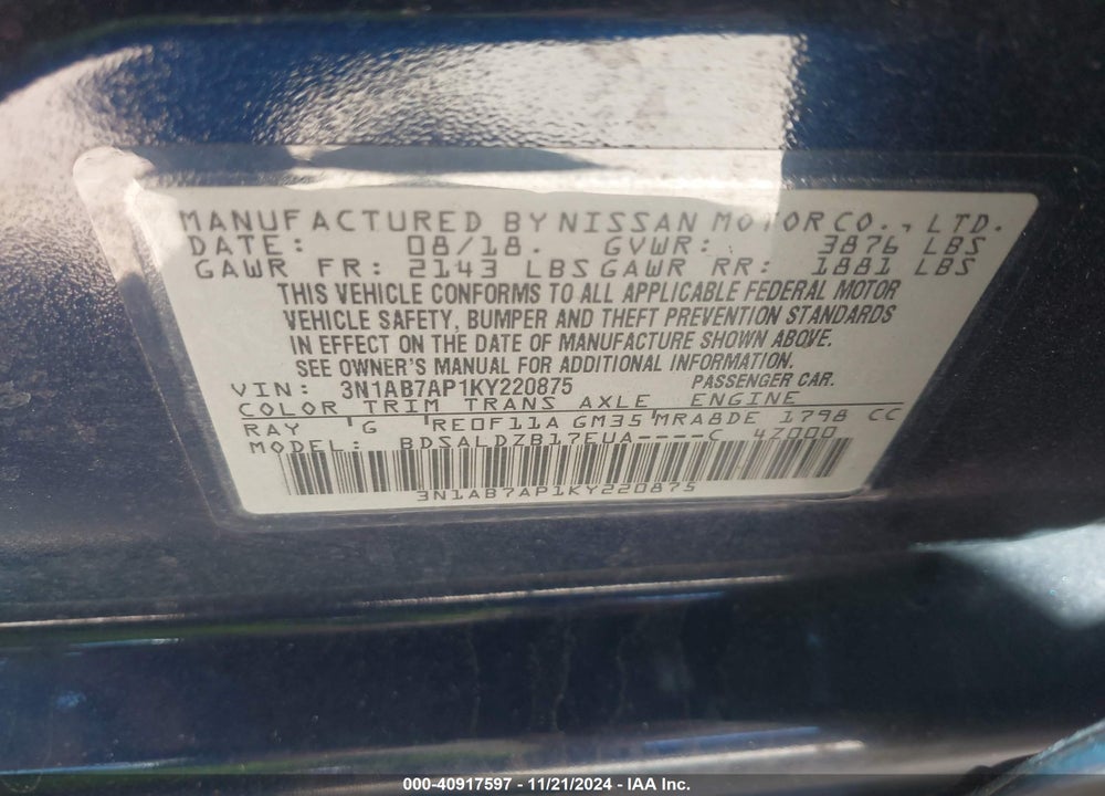 2019 NISSAN SENTRA SV VIN: 3N1AB7AP1KY220875