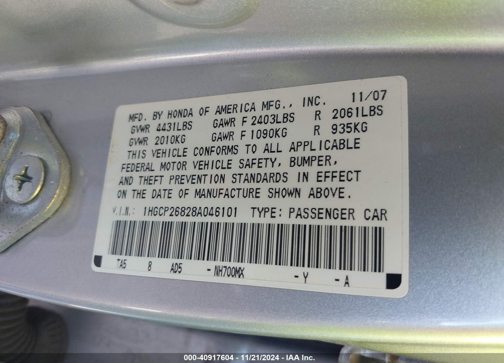 2008 HONDA ACCORD 2.4 EX-L VIN: 1HGCP26828A046101