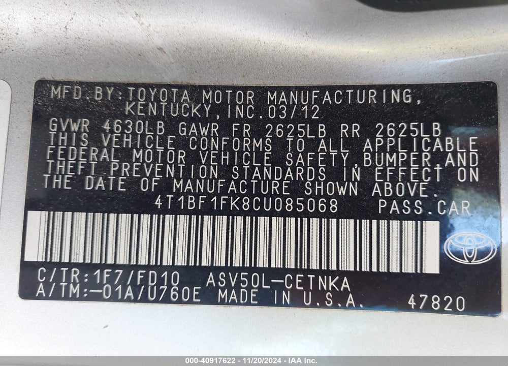 2012 TOYOTA CAMRY LE VIN: 4T1BF1FK8CU085068