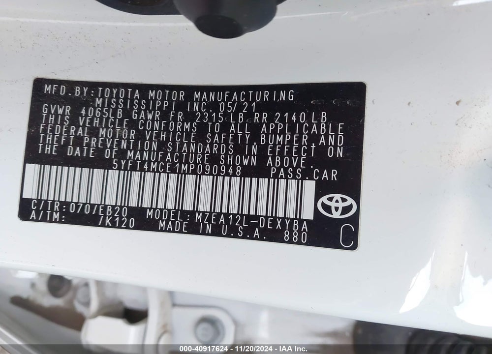 2021 TOYOTA COROLLA VIN: 5YFT4MCE1MP090948