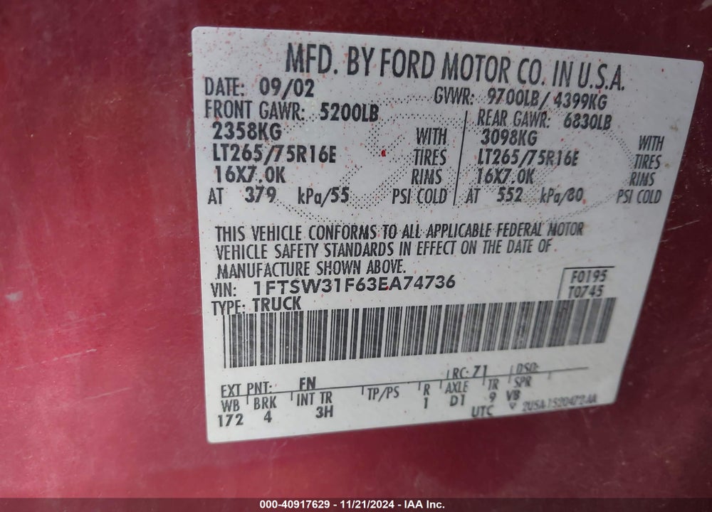 2003 FORD F-350 LARIAT/XL/XLT VIN: 1FTSW31F63EA74736