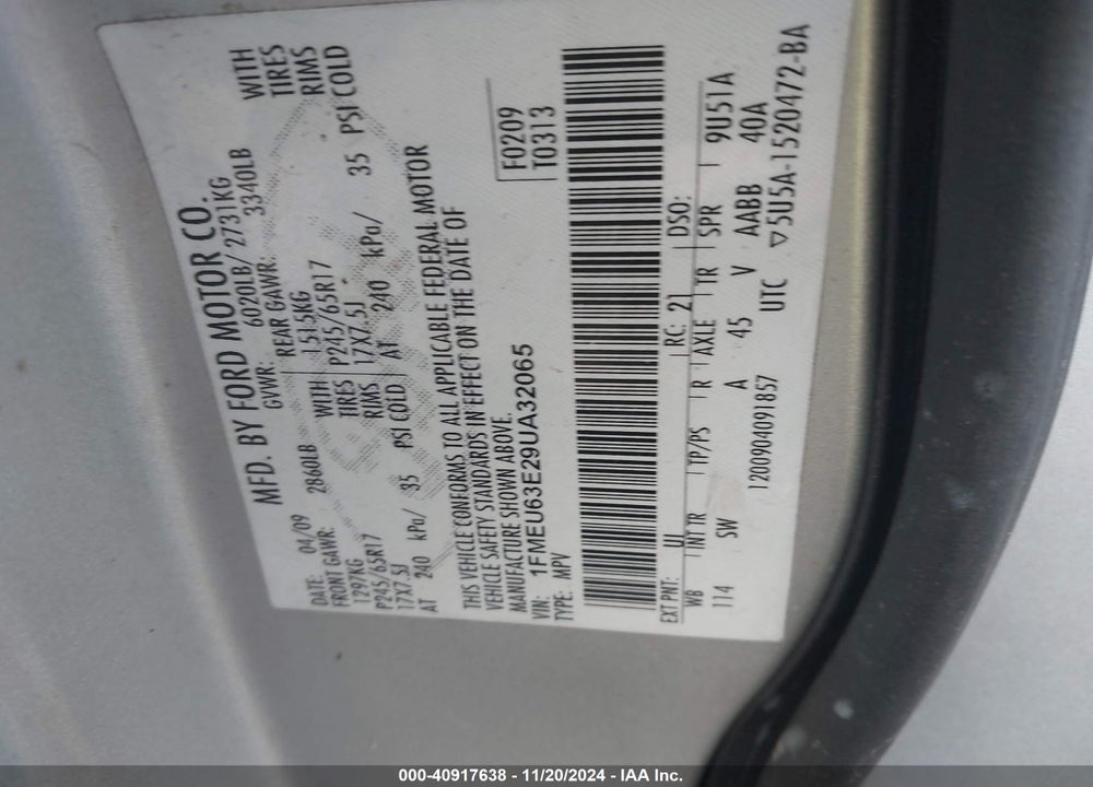2009 FORD EXPLORER XLT VIN: 1FMEU63E29UA32065