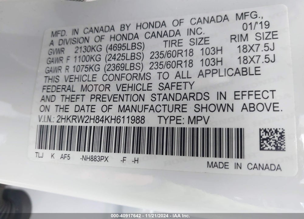 2019 HONDA CR-V VIN: 2HKRW2H84KH611988