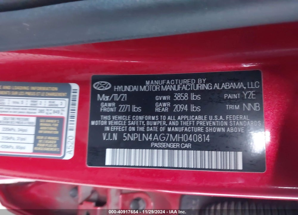 2021 HYUNDAI ELANTRA VIN: 5NPLN4AG7MH040814