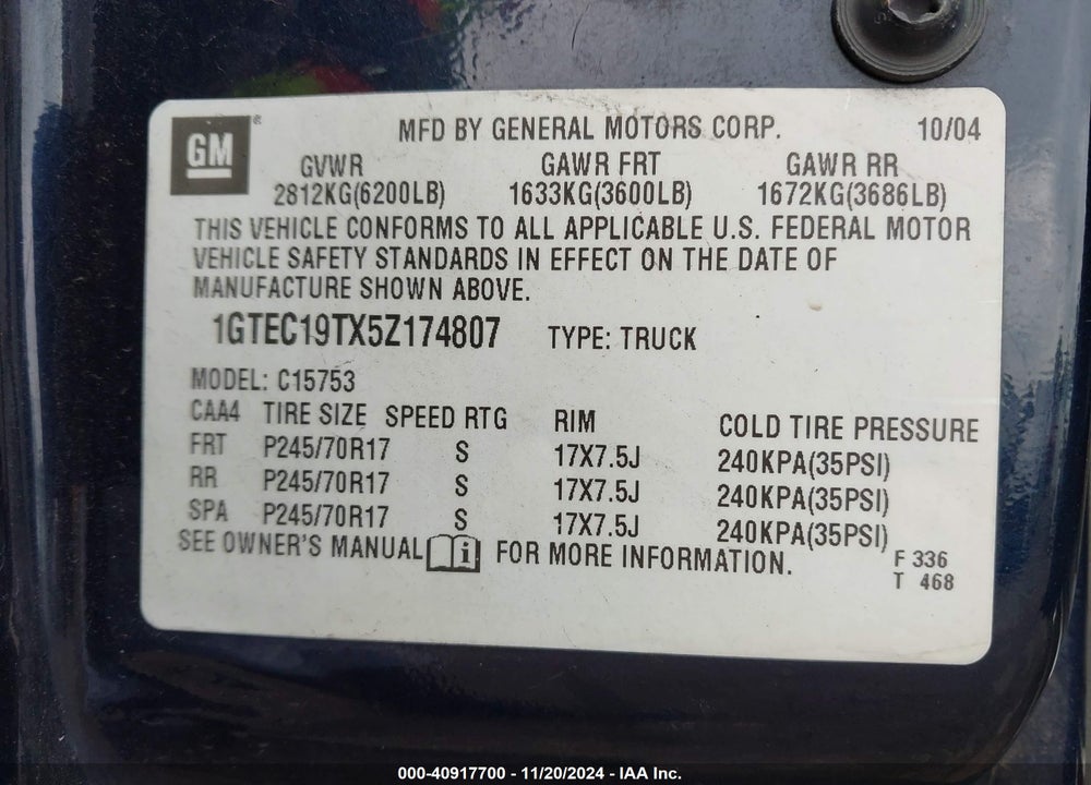 2005 GMC SIERRA 1500 SLE VIN: 1GTEC19TX5Z174807