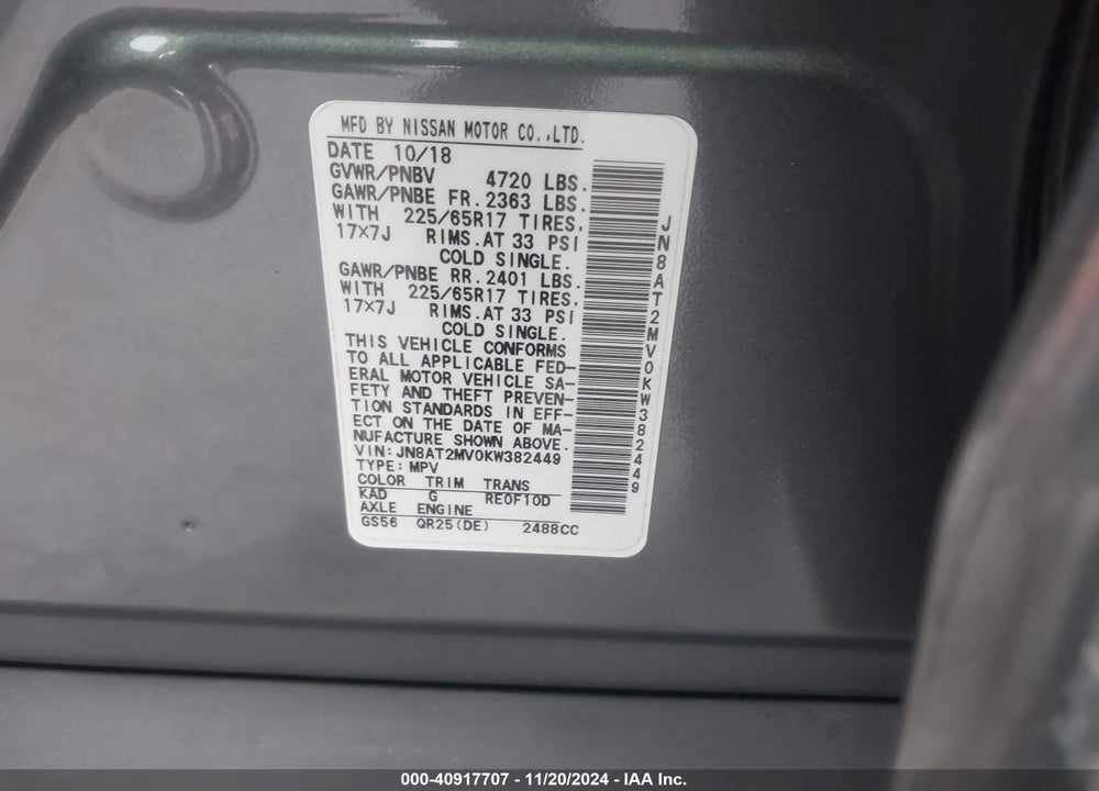 2019 NISSAN ROGUE SV VIN: JN8AT2MV0KW382449