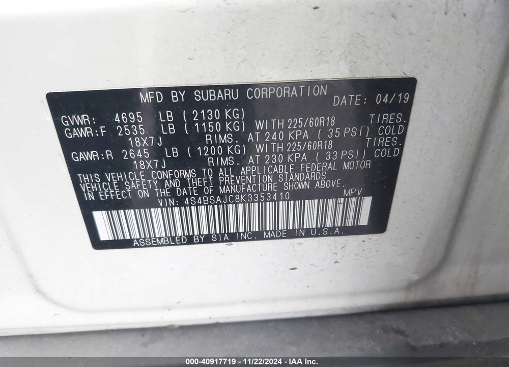 2019 SUBARU OUTBACK 2.5I LIMITED VIN: 4S4BSAJC8K3353410