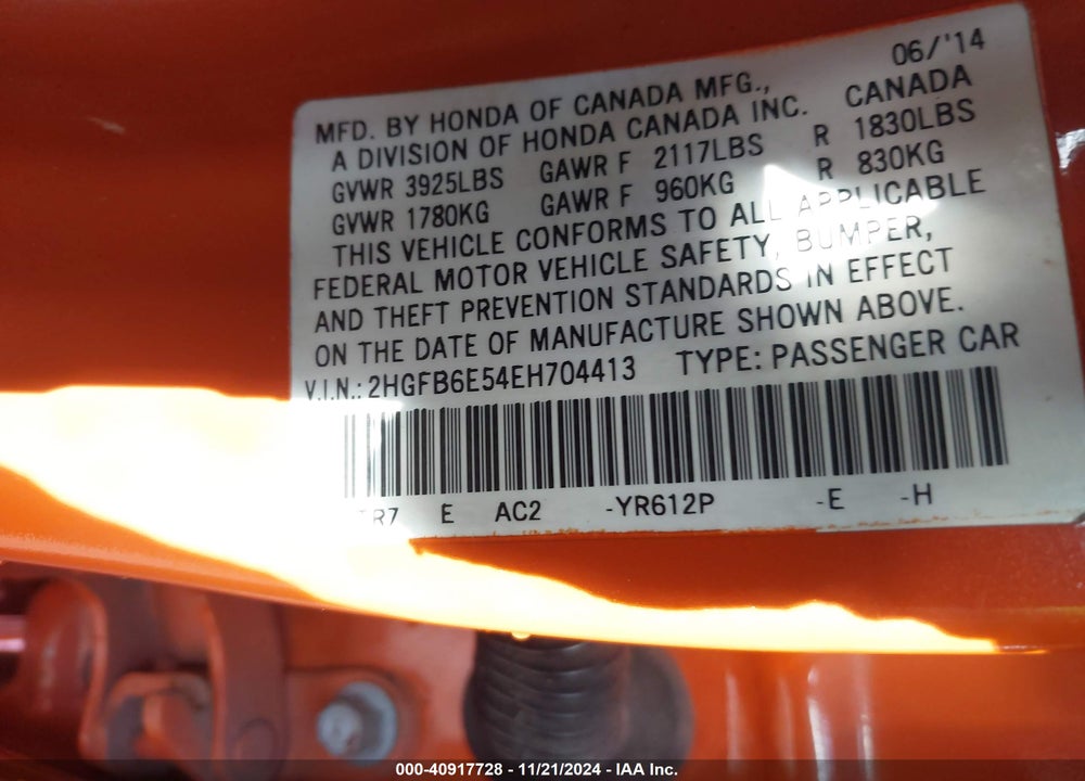 2014 HONDA CIVIC SI VIN: 2HGFB6E54EH704413