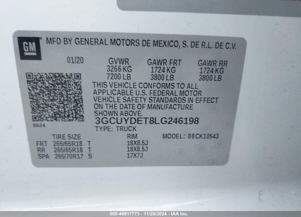 2020 CHEVROLET SILVERADO 1500 4WD SHORT BED LT VIN: 3GCUYDET8LG246198