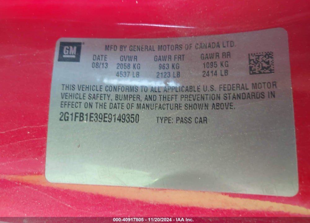 2014 CHEVROLET CAMARO VIN: 2G1FB1E39E9149350