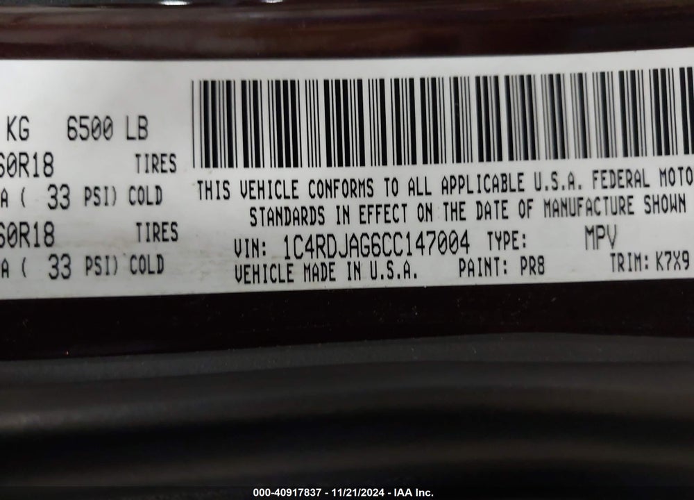 2012 DODGE DURANGO SXT VIN: 1C4RDJAG6CC147004