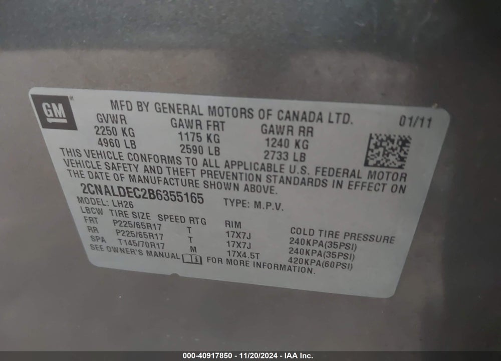 2011 CHEVROLET EQUINOX 1LT VIN: 2CNALDEC2B6355165