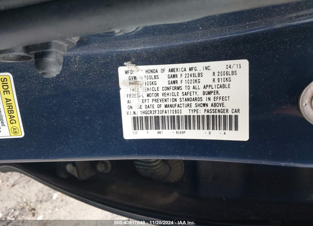 2015 HONDA ACCORD LX VIN: 1HGCR2F30FA170900