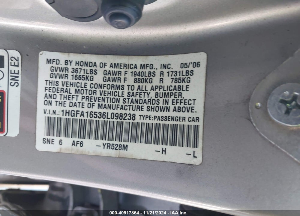 2006 HONDA CIVIC LX VIN: 1HGFA16536L098238