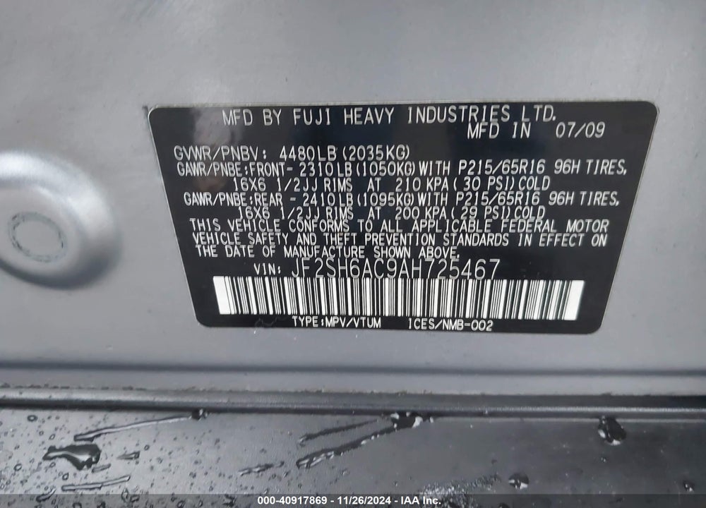 2010 SUBARU FORESTER 2.5X VIN: JF2SH6AC9AH725467
