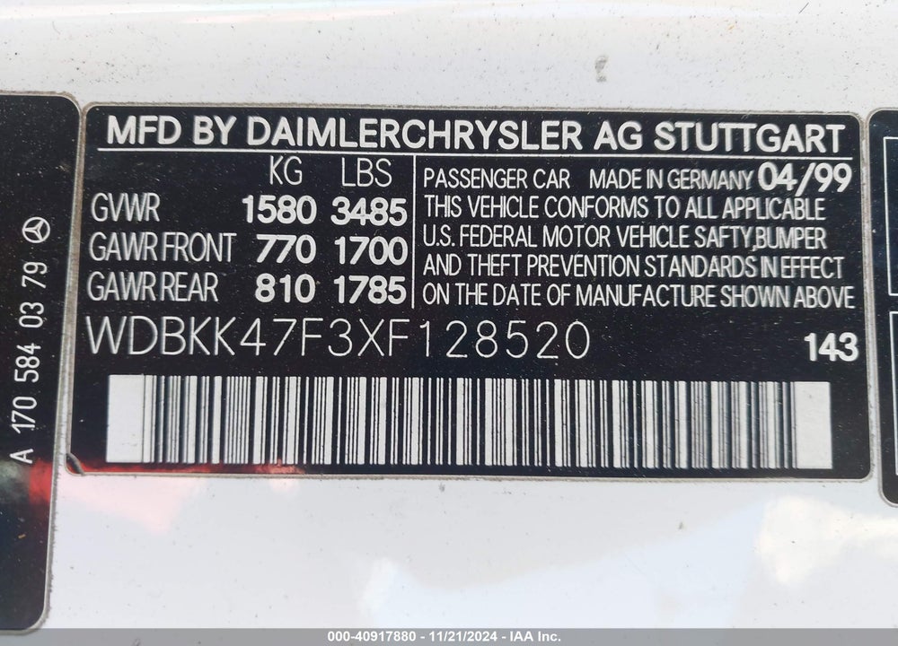 1999 MERCEDES-BENZ SLK 230 KOMPRESSOR VIN: WDBKK47F3XF128520